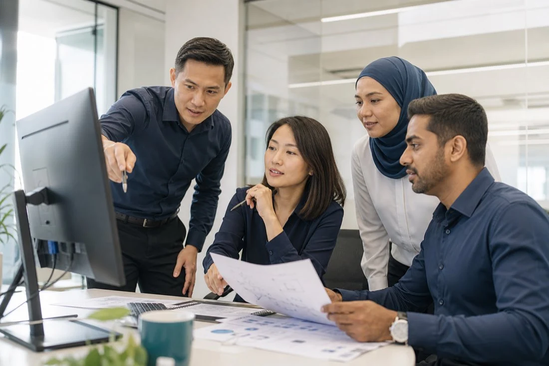 Southeast Asian professionals collaborating in a bright operations environment
